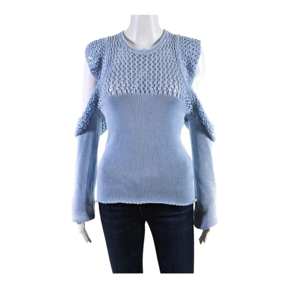 PHILOSOPHY DI LORENZO SERAFINI Blue Cotton Ruffle Cold Shoulder Sweater Size US2 - Picture 6 of 11